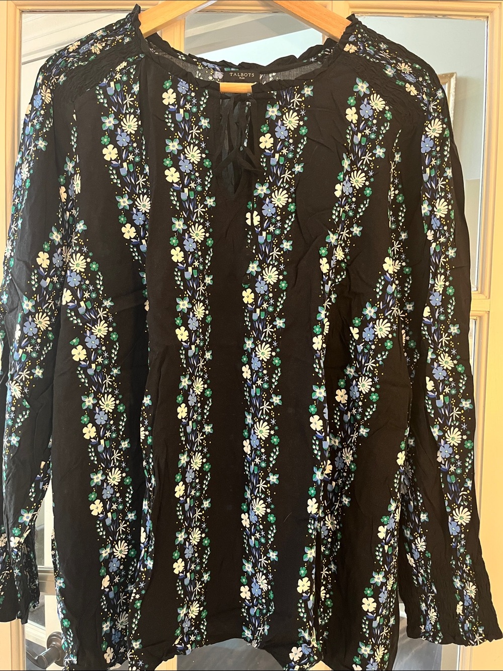 Talbots Black Floral-Striped Peasant Top. 2X